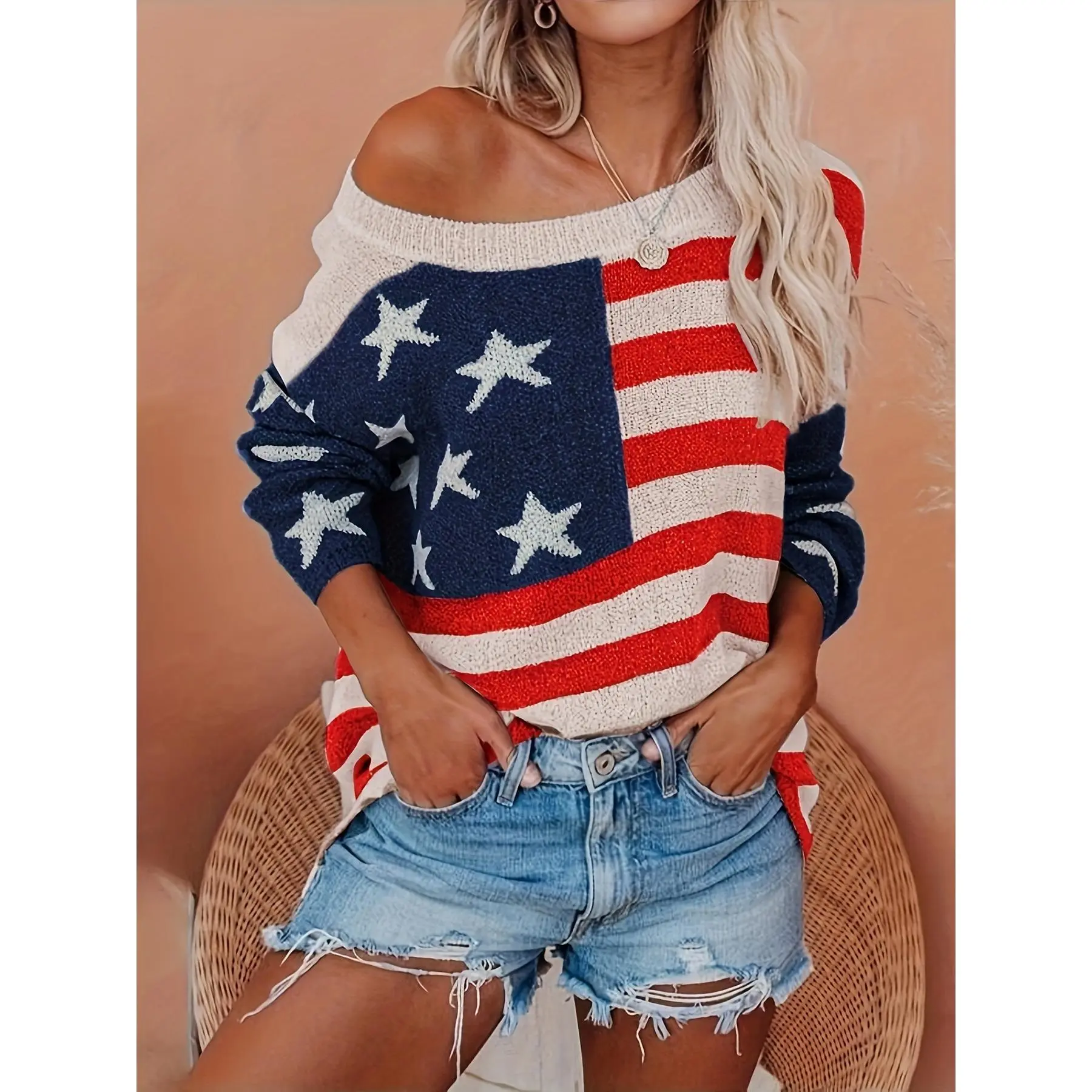 Women's Casual American Flag Colorblock Knit Sweater, Crew Neck Polyester Pullover Top for Spring and Summer