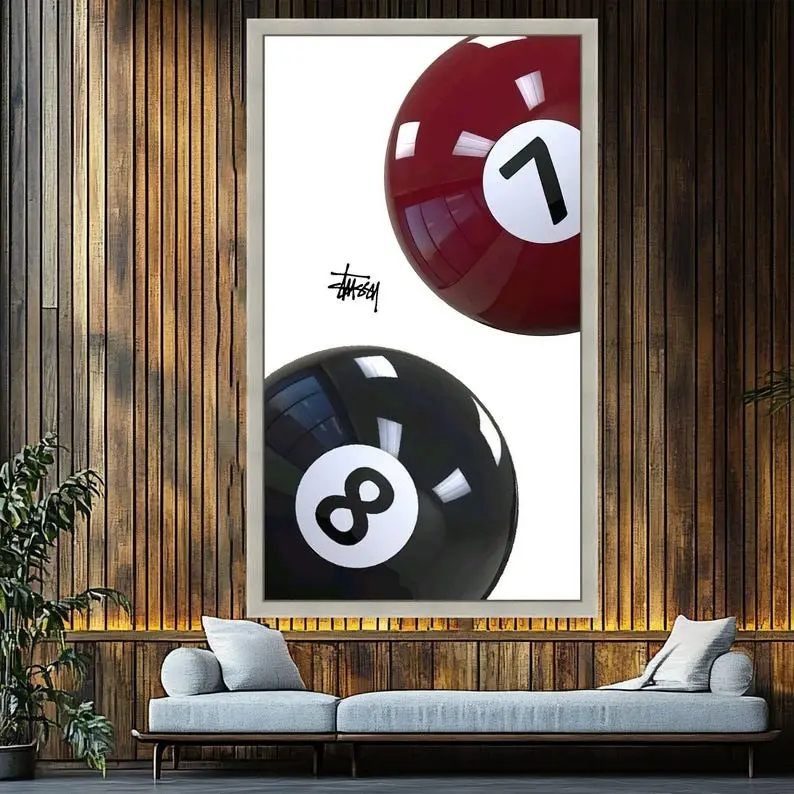 Vintage Unframed Billiard Balls Wall Art Print - Red 7, Black 8 Ball Graphic, Glossy Paper Artwork, Decor Accessories for Modern Home, Man Cave Pool Game Sports Room