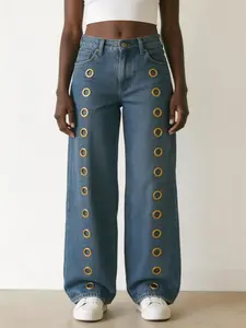 American High-Waisted Wide-Leg Womenswear Jeans with Button Details, Fits All Heights, Casual Style, Plain Pattern, Suitable for All Seasons