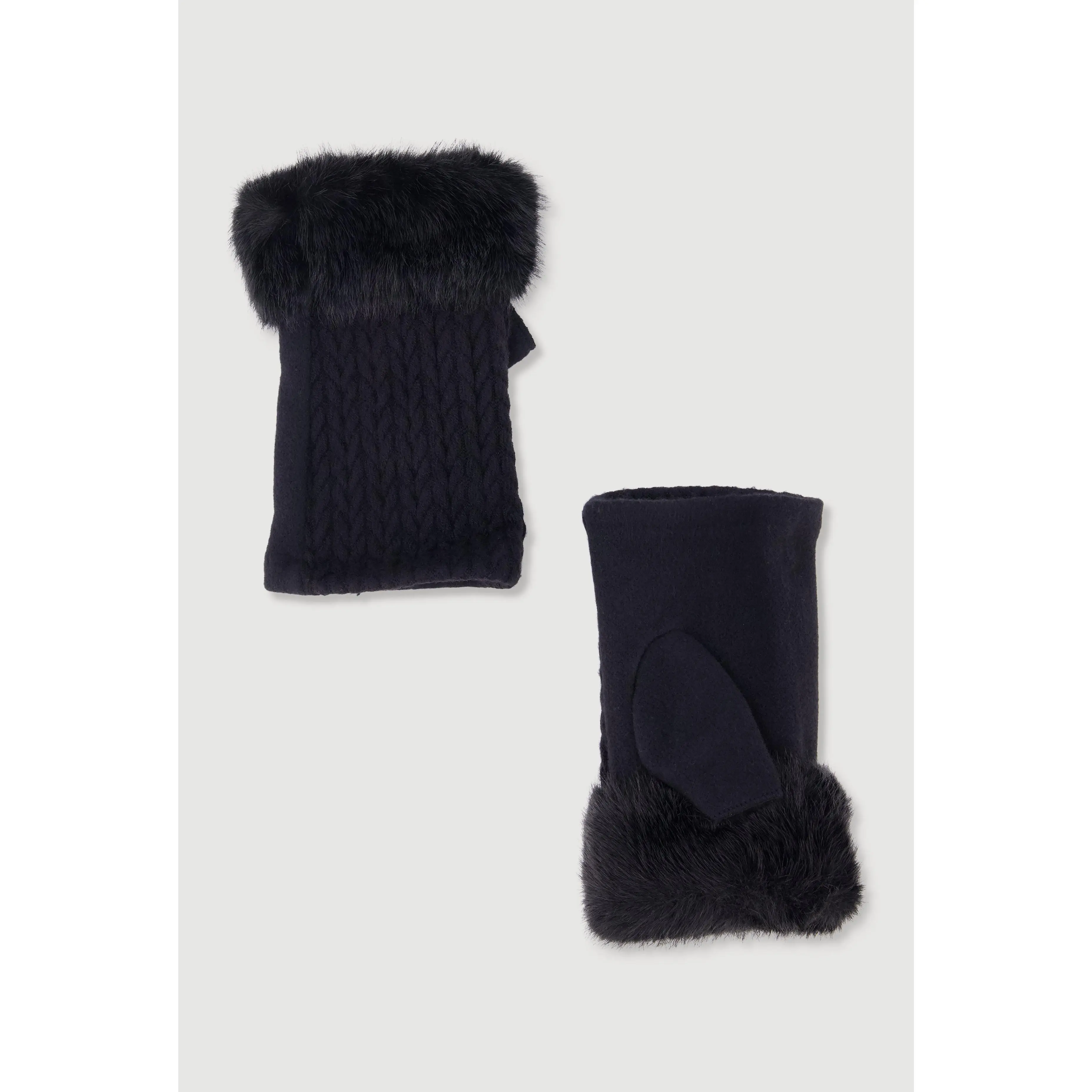 Faux Fur Trim Cable Knit Detail Fingerless Gloves