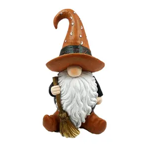 Zaer Ltd. International 20.67" Tall Magnesium Halloween Gnome Warlock with Broom & Brown Hat - The Hobgoblins