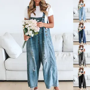 Goranbon Women's Denim Overalls Casual Jumpsuits Loose Fit Adjustable Strap Distressed Bib Jeans Overall Jumpsuits Clothes Blue