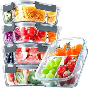 5 Pack Glass Meal Prep Containers 3 Compartment Set, Airtight Glass Lunch Containers, Glass Food Storage Containers with Lids, for Microwave, Oven, Freezer & Dishwasher