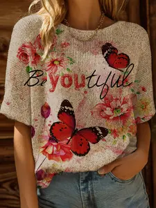 Spring Summer One-Shoulder Knit Top, Colorblock Floral Print Short Sleeve, Boho Beach Style, Casual Elegant Commute, Women's Knitwear, Casual Fashion Knitwear