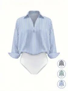 Women's Daily Casual Striped Minimalist Long Sleeve Shirt Stripes Print Bodysuit, Stylish One-Piece for Daily And Commuter Wear, Comfortable and Trendy Design