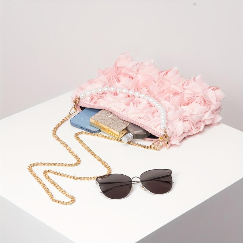 [Wedding Accessory] Elegant Rose-Embellished Crossbody Bag with Faux Pearl Accents - Sweet Pink Floral Evening Clutch, Ideal Valentine's Gift for Women, Polyester Lining, Zip Closure, Wedding Gifts