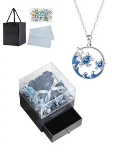 Ocean Island Twin Turtles Guardian NecklaceOriginal Guardian Turtle Necklace, Luxury Minimalist Wave Design Blue Zircon Clavicle Chain, with Preserved Rose & Eco Moss Bear Jewelry Gift Box, Perfect Gift for Birthdays, Mother’s Day & Valentine’s Day