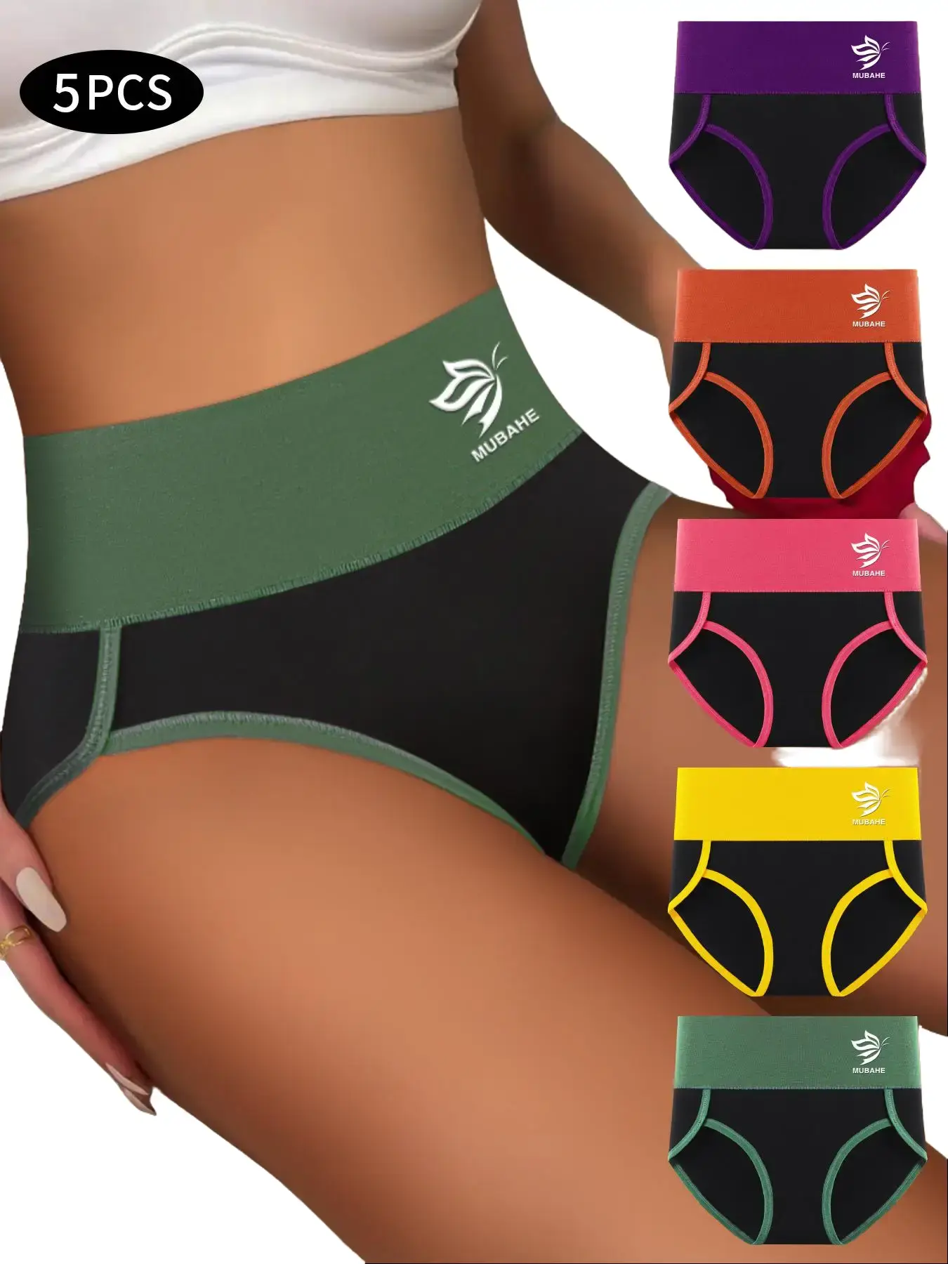 5-pack color-blocked wide-band high-waisted women’s panties, playful style women’s underwear, pure cotton breathable tummy control butt-lifting color-block comfortable sports triangle panty set, period panties
