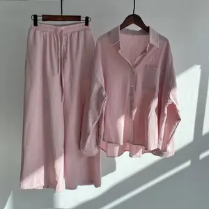 Women's 2-Piece Set Retro Plus Size 2025 Cotton Linen Shirt Set High Waist Loose Long Pants Set