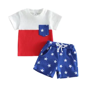 Baby Infant Toddler Boy 4th of July 2-Piece Patriotic Outfit - American Flag Print Waffle Short-Sleeve T-Shirt with Star Embroidery, Star Shorts