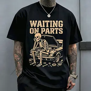 Men’s American-style trendy printed T-shirt, black and white short sleeves; street fashion casual crew neck short-sleeve T-shirt for everyday outdoor wear.
