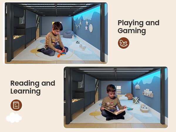 ADORNEVE Low Loft Bed Full Size with Bookshelf and Reading Nook LED Loft Bed with 3 Drawers and Under-Bed Play Space Loft Bed with Safety Guardrail and Inclined Ladde Play Curtain