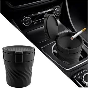 Drop-Proof Non-Breakable Smokeless Car Silicone Ashtray for Cup Holder Smell Proof Separate Design Portable Ashtray with Lid as Car Trash Can Black