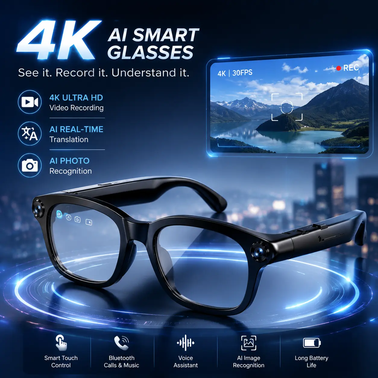 Al Pro Smart Glasses with 4K Hands-Free Recording, Real-Time Translation, 8MP Camera, 1080P Video Recording, Photochromic Lenses, Voice Assistant, Smart Wear Detection & Touch Button Control