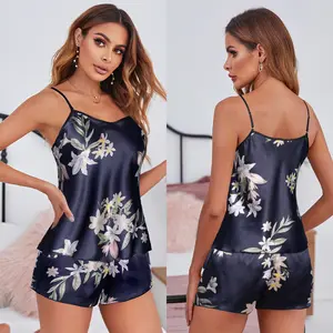 Silk Printed Camisole Shorts Set Women Sleepwear Homewear Comfortable and Stylish Silk Pajama Set for Women Cozy Sleeveless Top and Shorts Sleep Set Perfect for Relaxation and Lounging