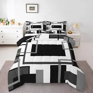 Feelyou Black and White Microfiber Comforter Set - Polyester Fiber Bedding, Breathable Geometric Print, Minimalist Mid-Century Vibe Duvet Insert, Travel Ready, Multi-Size Options