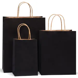 100 count Black Paper Bags with Handles Bulk  Bags 8/9.3/12.6 Inch- Assorted Sizes for Party Birthday & Retail Business