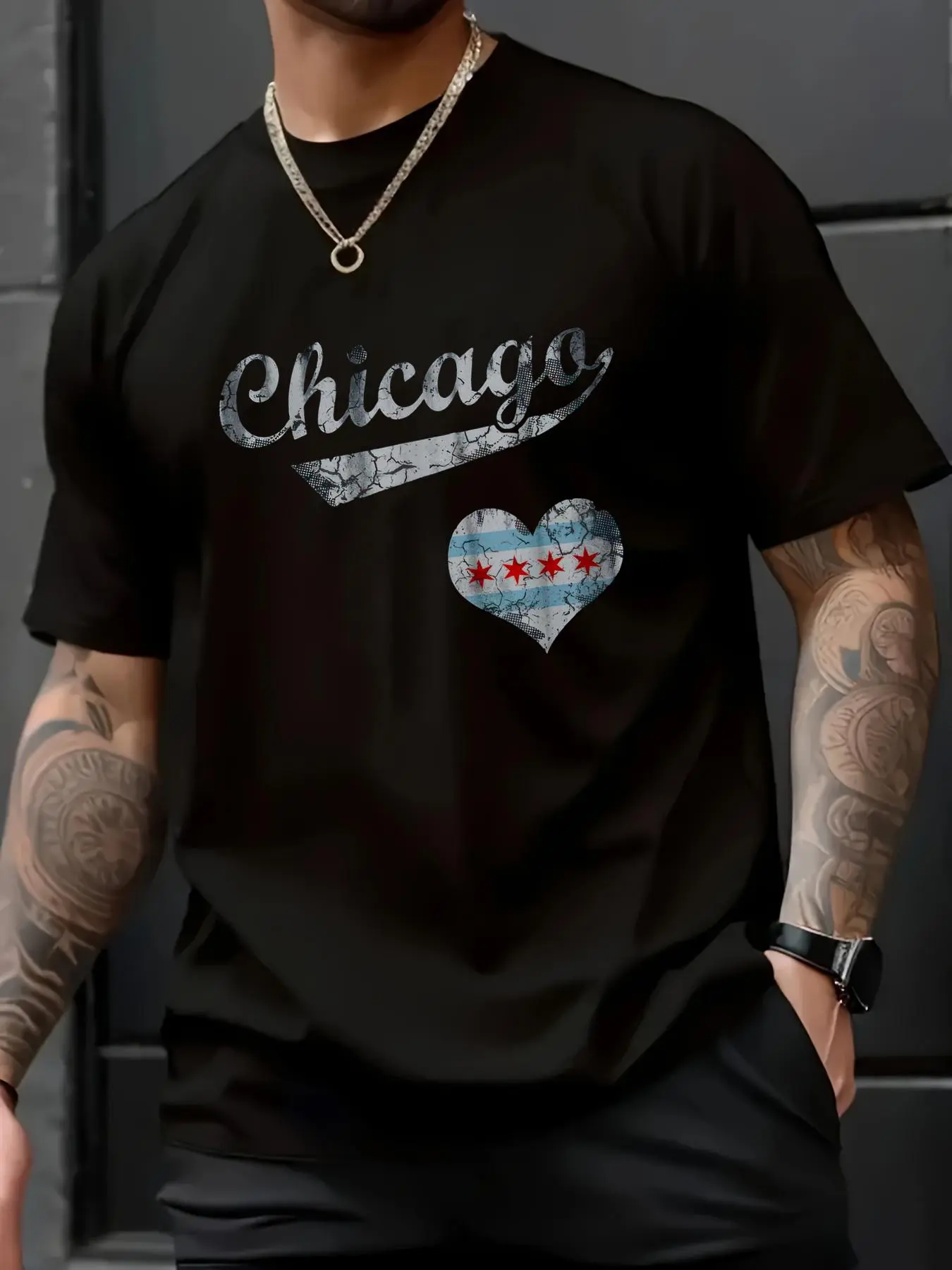 Men's Vintage 100% Pure Cotton Soft Graphic T-Shirt - Chicago Flag Heart Distressed Print, All Seasons Casual Short-Sleeve Round Neck Loose Fit Streetwear Top, Cold Wash Machine Washable, Ideal for Parties, Washed