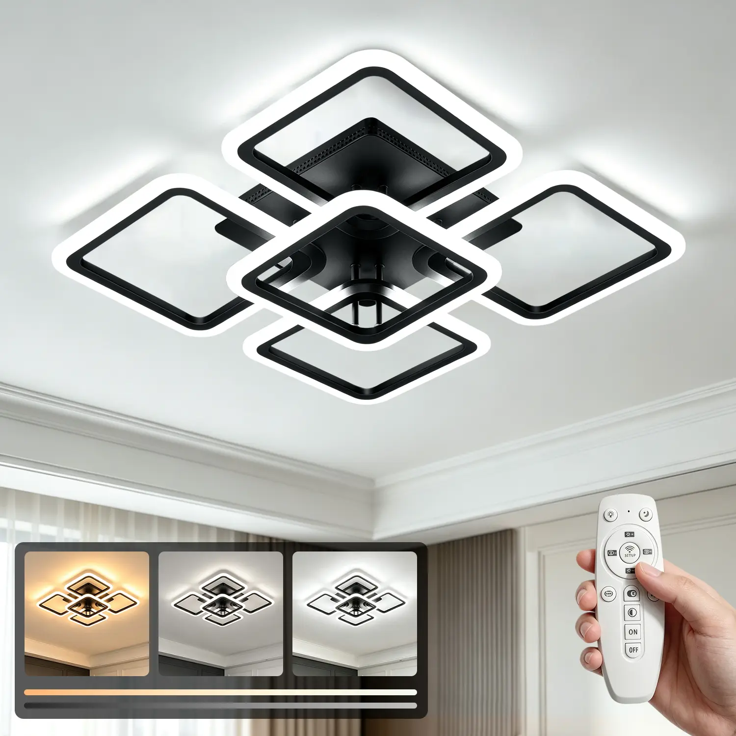 Modern LED Ceiling Light, 22 Inch Black Geometric Square Flush Mount Ceiling Lamp, 3 Color Temperature 3000K-6000K Stepless Dimmable, App Control Ceiling Light for Bedroom Living Room Dining Room, Built-in LED