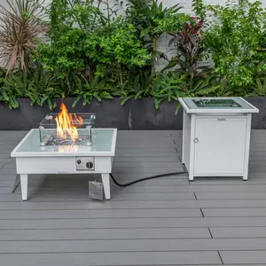 360 stand Walbrooke Modern Square Aluminum Outdoor Gas Fire Pit Set, 20x26.8x26.8 in. Multi-Spark Tabletop Fire Pit with Side Table & Tank Holder, White (WW-27-20-GL), Outdoor Fire Pit