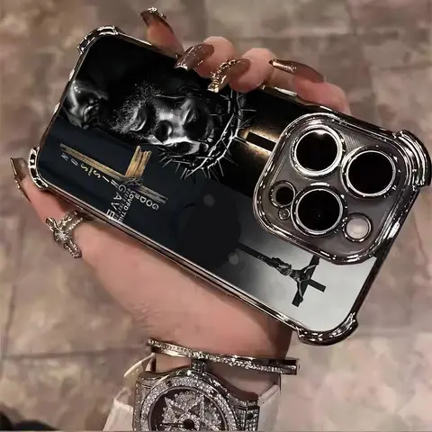 Religious Pattern Cross Jesus Faith Virgin Mary Protective Cellphone Case with Airbag Corners, Shockproof Electroplated Casing, Full-Coverage A017 Screen Protector, 360° Camera Protection for iPhone 16/15/14/13/12/11/Xs Pro Max Plus Handheld Devices