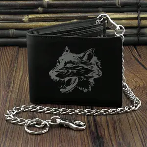 Wolf design Leather Mens Bi-Fold Wallet Black w/ Biker long Chain