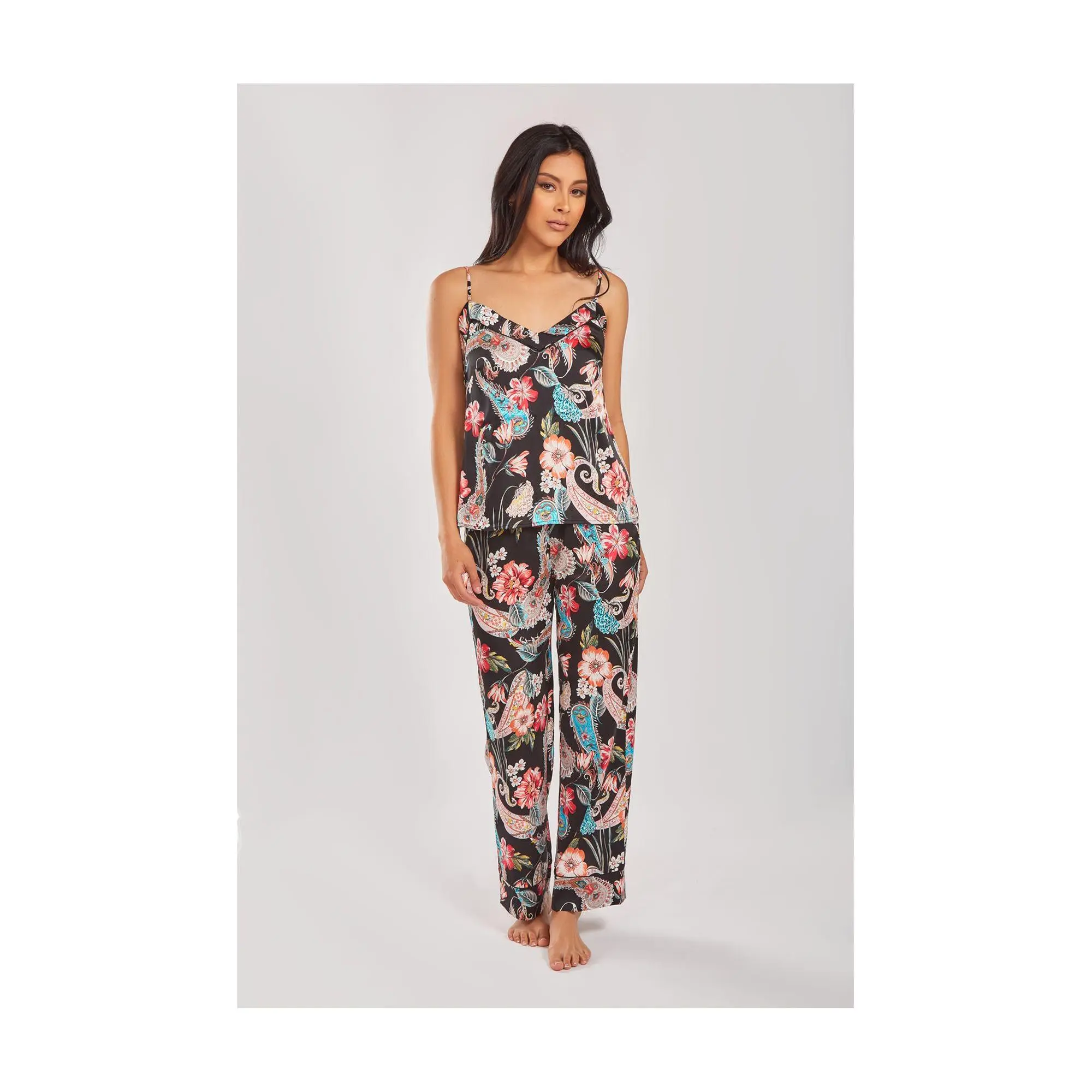 iCollection Printed Satin Cami & Pant Set w/ Piping Details