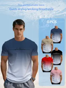 Men's Summer Gradient T-Shirts (5-Pack, 5 Mixed Colors) - "Whatever" Letter Print, Slim Fit, Soft Breathable Fabric, Daily Versatile, Street Trend, Fitness Wear