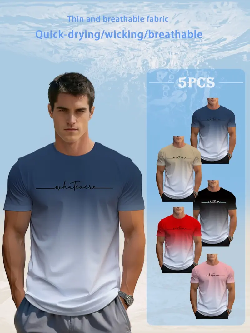 Men's Summer Gradient T-Shirts (5-Pack, 5 Mixed Colors) - "Whatever" Letter Print, Slim Fit, Soft Breathable Fabric, Daily Versatile, Street Trend, Fitness Wear