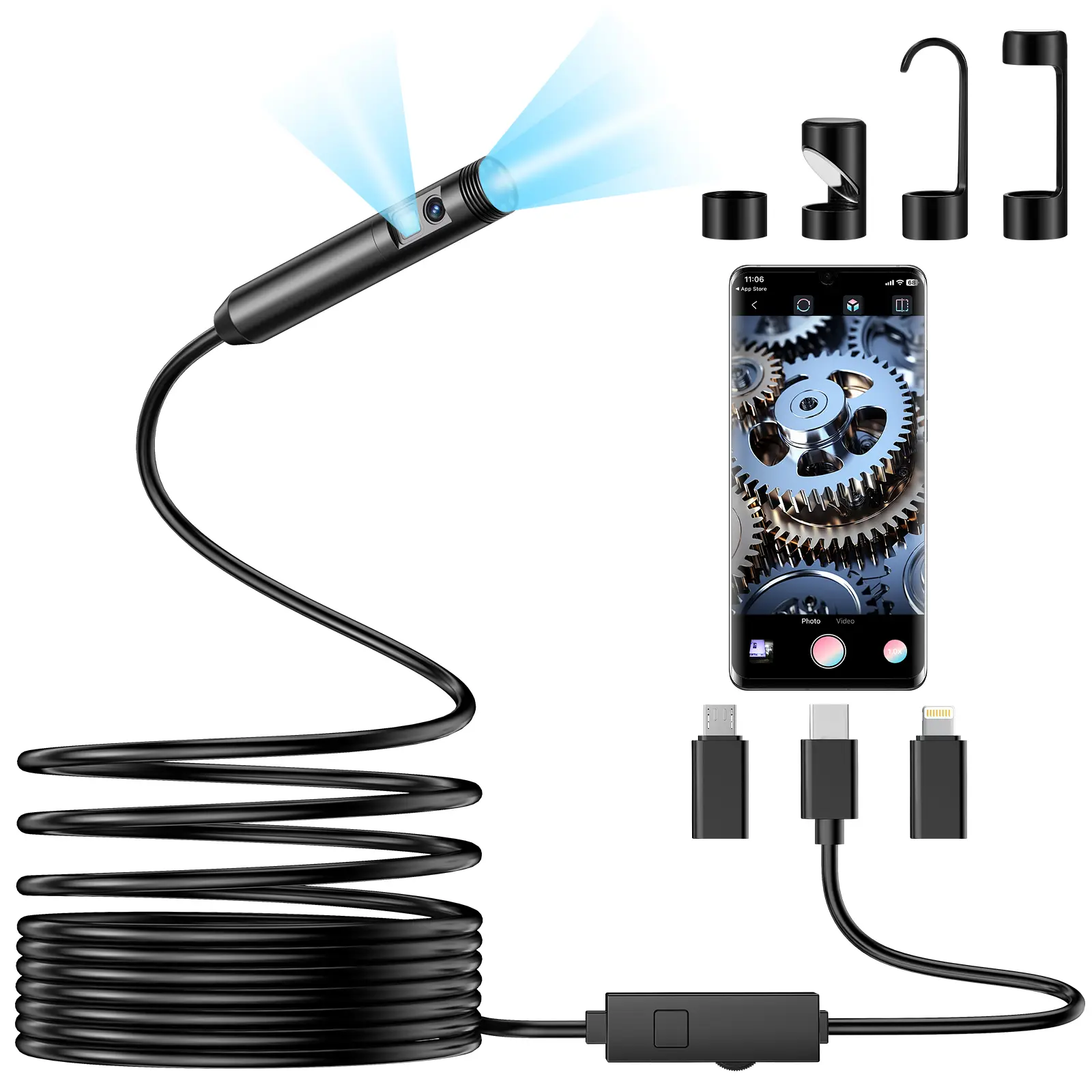 Endoscope Borescope Camera for iOS & Android, 16.4ft Single Lens 1920P HD Inspection Camera with 8 Adjustable LED Lights, Semi-Rigid Waterproof Snake Camera for Auto Repair & Household Inspection