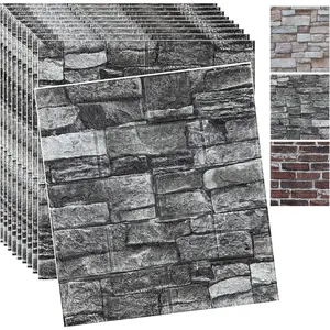 10PCS 3D Wall Panels Peel and Stick 3D Brick Wallpaper Peel and Stick Faux Stone Wall Panel Foam Brick Self-Wallpaper (Black,10pcs)