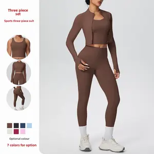 New Solid Color Brushed Tight-Fitting High-Elastic Breathable Long Tank Top Three-Piece Sports Running Fitness Yoga Outfit Set