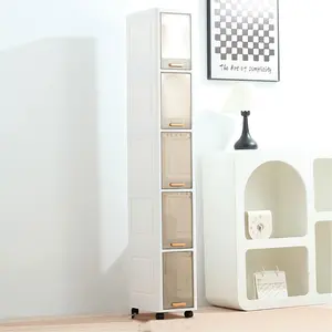 Slim Storage Cabinet, 5-Tier Narrow Dresser Tower with Wheels, Mobile Plastic Drawer Organizer for Bathroom, Kitchen, Bedroom, Creams Style Small Space Saving Rolling Cart, White and Brown