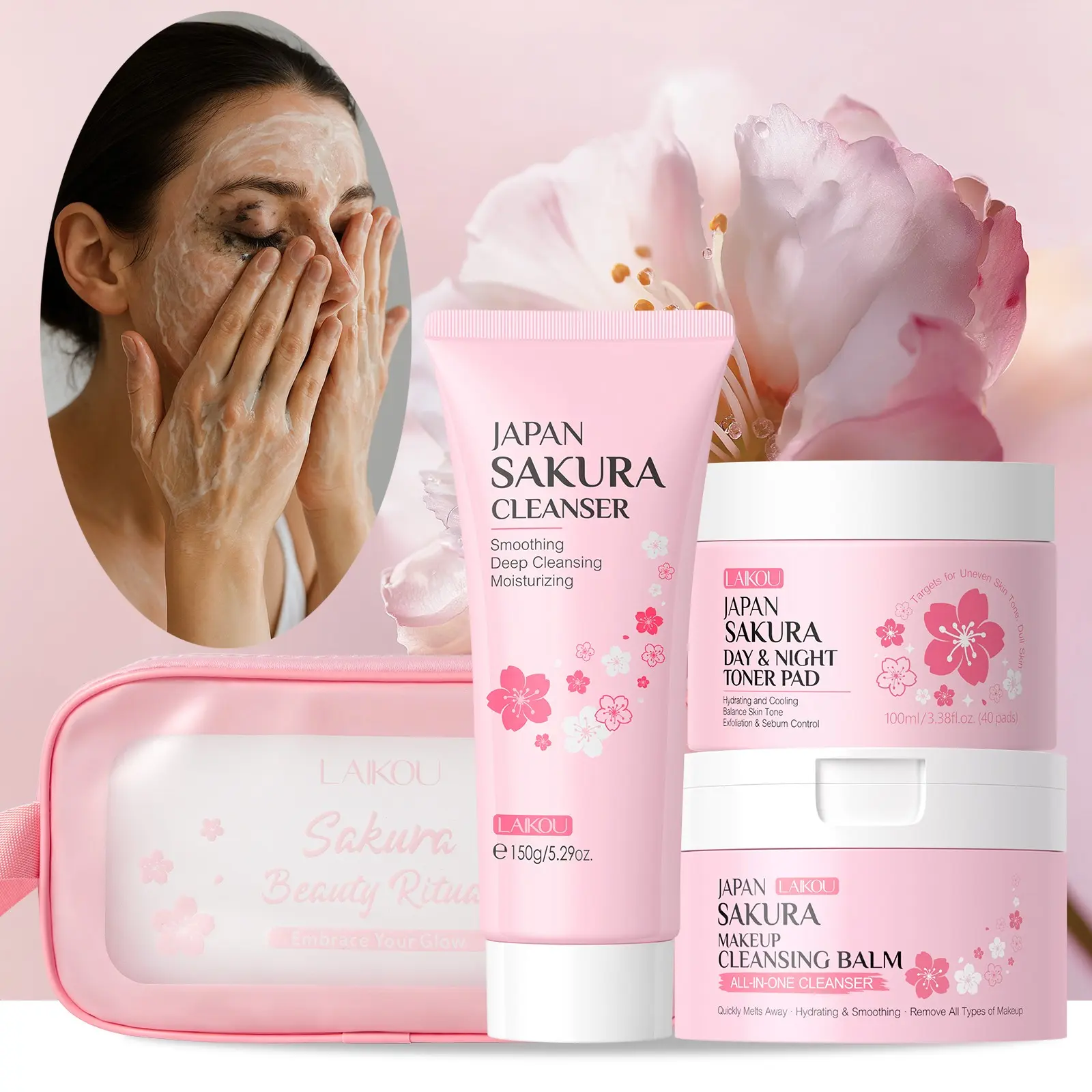 Evening Unwind Kit,  LAIKOU Sakura Facial Skincare Routine Kit - Daily Routine Set 4-Piece Double-Sided Toner Pads, Face Cleanser & Makeup Remover Set with Travel Pouch - Deep Cleansing, Hydrating, Moisturizing & Moisture Balancing for Women