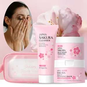 Evening Unwind Kit,  LAIKOU Sakura Facial Skincare Routine Kit - 4-Piece Double-Sided Toner Pads, Face Cleanser & Makeup Remover Set with Travel Pouch - Deep Cleansing & Moisture Balancing for Women