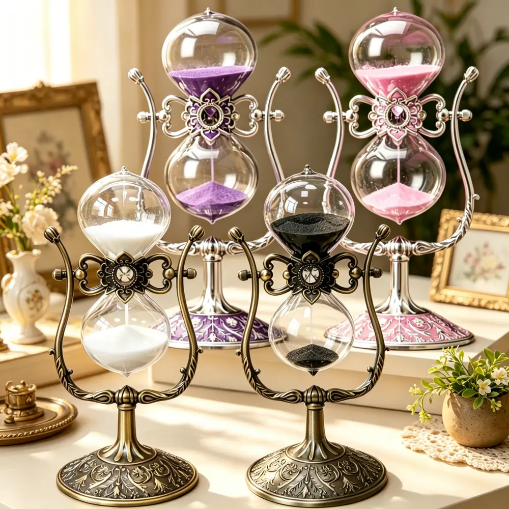 Vintage And Elegant Glass Hourglass Timer,15 minute U-shaped Hourglass Timer, Vintage Carved Metal Bracket, Living Room Decoration Ornaments, Home And Office Decorations, Metal Crafts, Perfect Valentine's Day Gift