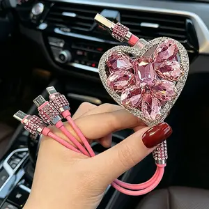 Sparkling Rhinestone Charger Cable 3-in-1 Heart Pink Clear Bling Crystal Aesthetic TikTok Viral Phone Gift for Women