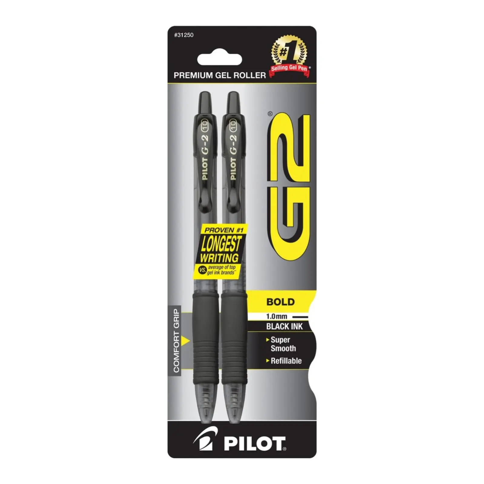 Pilot G2 Premium Gel Pens, Black Pens, Bold Point 1 mm, 2 Black