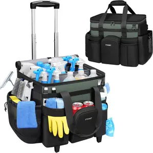 Cleaning Caddy with Wheels, Large Rolling Cleaning Caddy Bag with Detachable Trolley for Housekeepers, Water Resistant Cleaner Supplies Organizer with Wheels for Kitchen, Tool Organizer