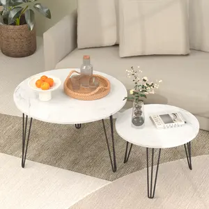 【GOOGREAT】27.56'' Round Nesting Coffee Table Set of 2,  Circular Nesting End Table Set, Round Marble Tabletop, and Sturdy Metal Base for Living Room, bedroom, White
