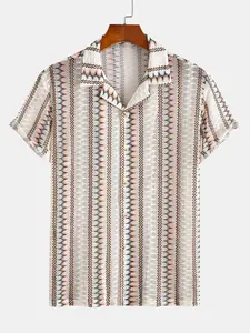 Men's Cuban Collar Knitted Jacquard Stretch Geometric Striped Loose Short Sleeve Shirt, Casual Breathable Lightweight Soft Button Down, Summer Beach Top