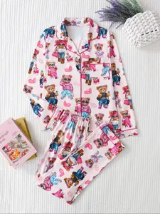 Valentine's Day Heart Bear Print Pajama Set, Cute Long Sleeve Top and Loose Pants, Fitted Sleepwear for Women, All Seasons