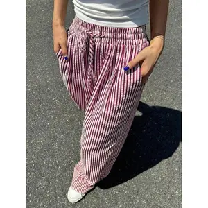 Women’s striped print wide-leg pants with a drawstring waist and pockets, casual trousers for everyday wear, ladies’ bottoms suitable for all seasons (gift).