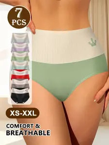QUASTI 7 Pack High Waisted Cotton Women's Briefs with Color Blocking Design, Soft Comfortable Briefs, High Elasticity Tummy Control Hip Lifting Women's Briefs, Cute Elegant Fashion Women's Briefs,S-XXL