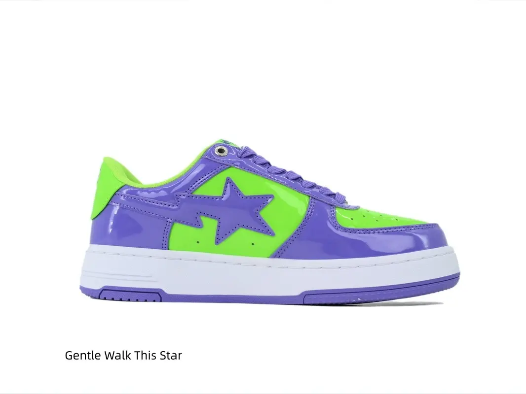 All Season Casual Low Top Flat Sneakers For Men Women, Purple Lime Green Shiny Patent Leather Shoes, Shock Absorbing Midsole Street Footwear For School, Outdoor & Bold Street Outfits