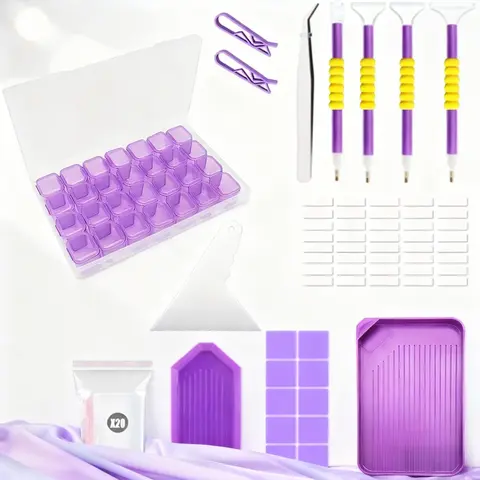 46pcs Diamond Painting Tools & Accessories Kit - Hobbies Kit Adults, Travel-Ready Home Improvement Handmade Supplies with Storage Box, 28 Grids, 4 Pen Holders, 20 Ziplock Bags, Tweezers, Glue Clay, Corrector, Humanized Seal Design