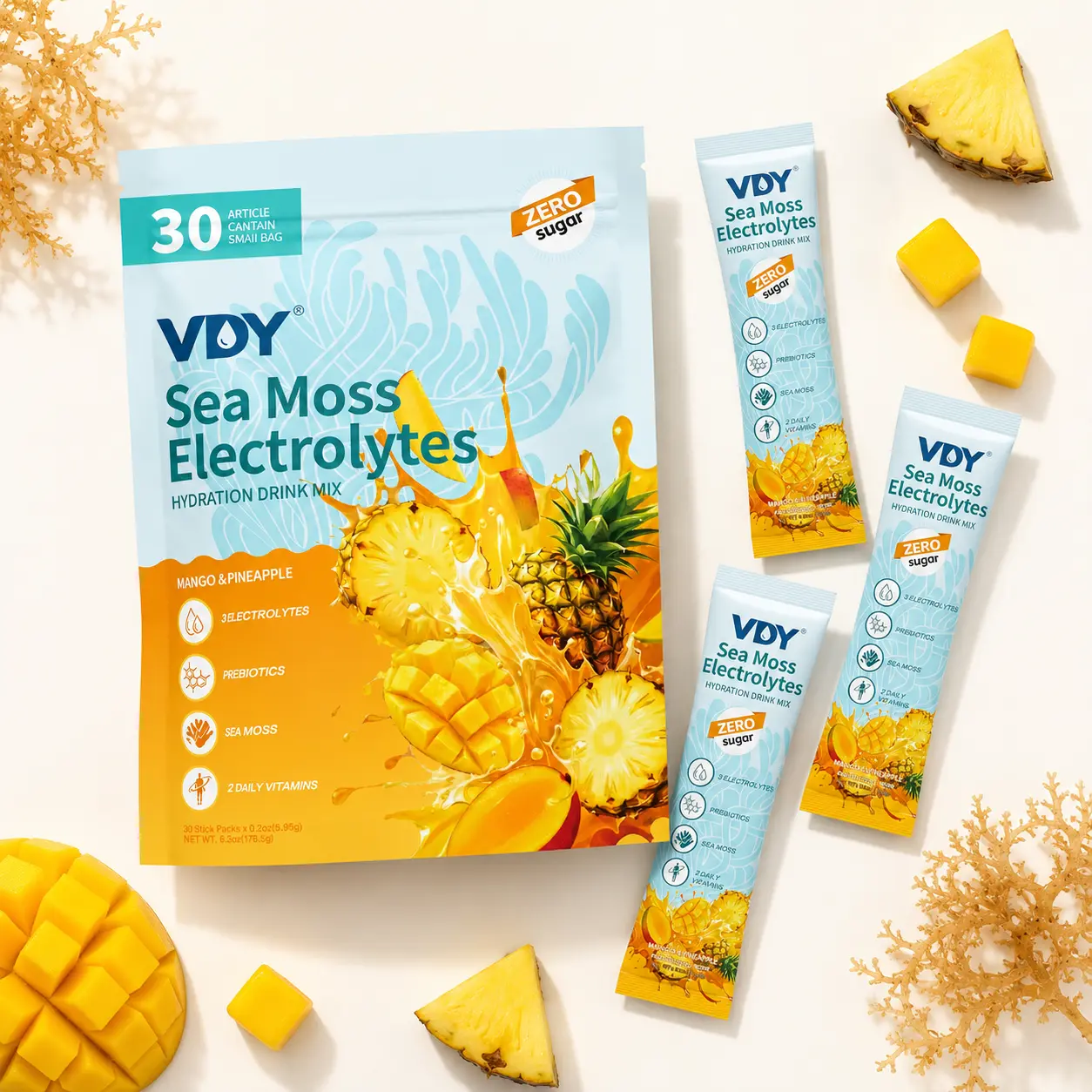 VDY Sea Moss Electrolyte Hydration Drink Packets - Mango Pineapple Flavor, 30 Servings, 0 Sugar, Prebiotic-Rich Dietary Fitness Supplement, Formulated with Daily Vitamins for Health & Wellness