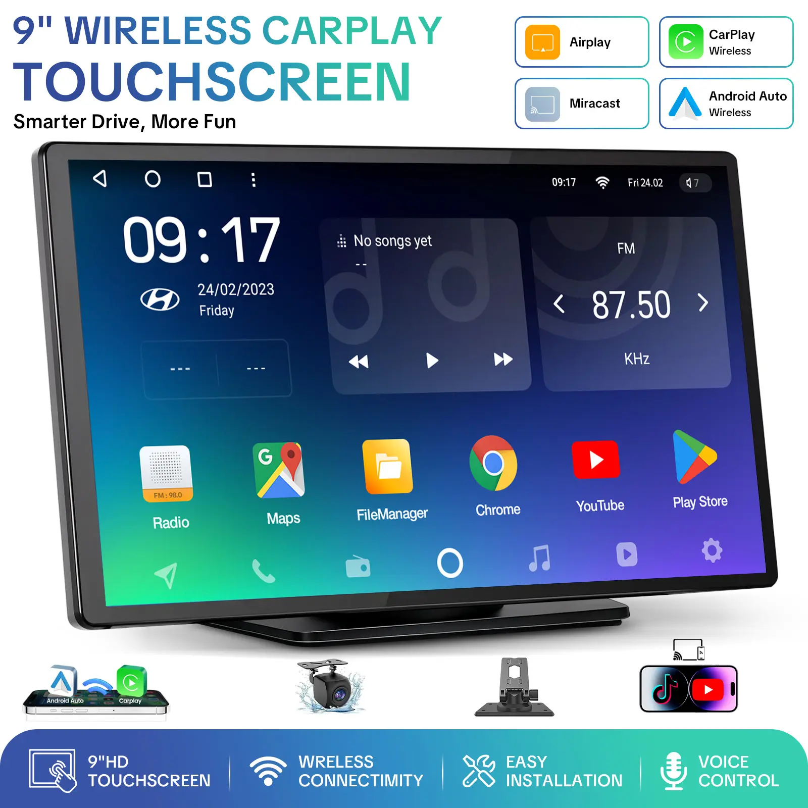 【PASLDA】9" Portable Wireless CarPlay Screen for Car, Touchscreen Apple CarPlay & Android Auto with OTA Updates, Backup Camera, Voice Control, GPS Navigation, Mirror Link, Bluetooth 5.0, FM & AUX Output