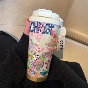 Religious Prayer Slogan Coffee Cup Set, 530ML Insulated Travel Mug with Straw and Lid, Leak-Proof Handle, Insulated Stainless Steel Flasks, Drinkware, Perfect Gift for Valentine's Day, Vacuum Insulated Flask, Tumbler Cup