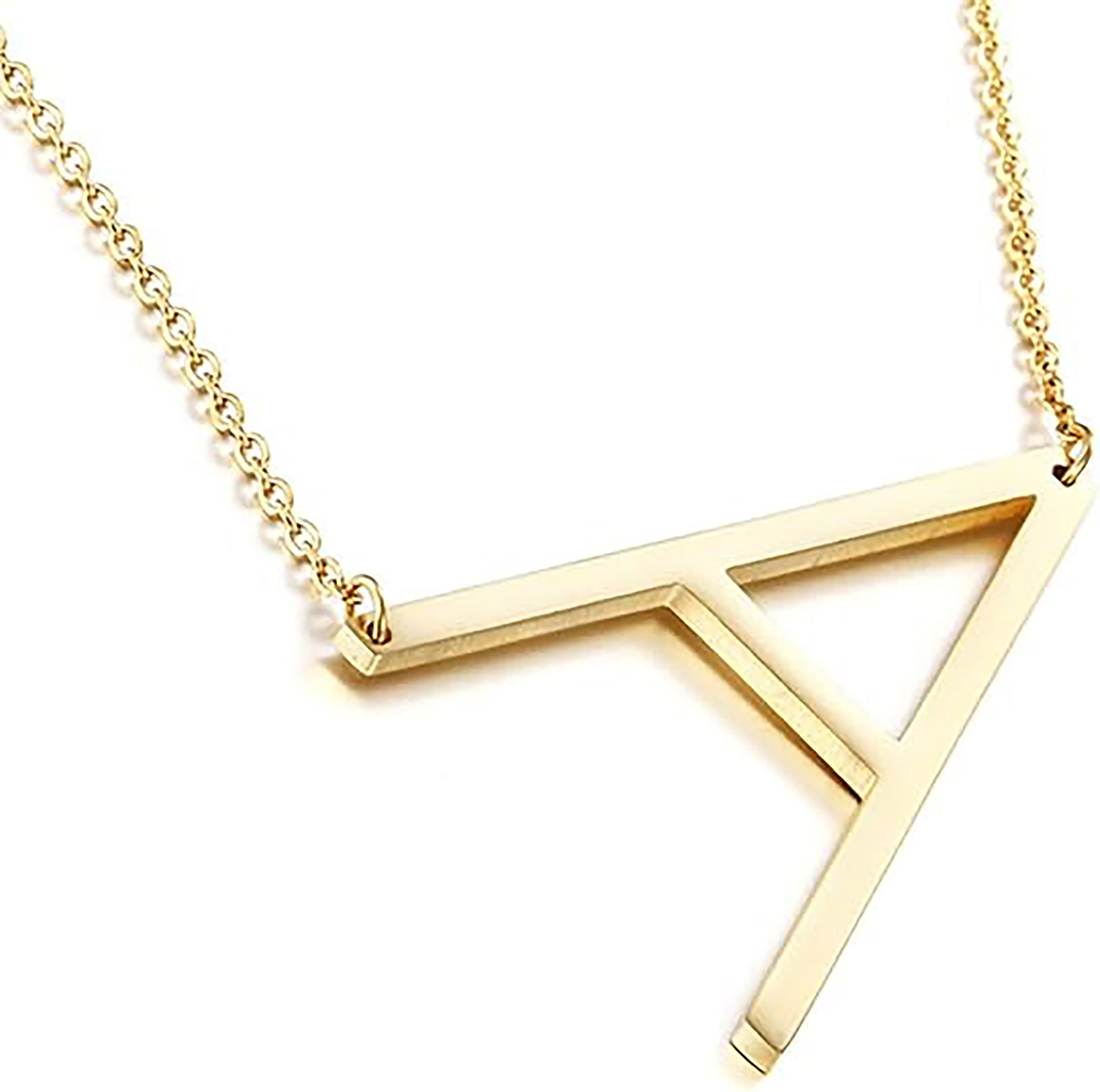 Sideways Initial Necklace 18K Gold Plated Stainless Steel Large Big Letters Pendant Script Name Monogram Necklaces for Women Girl Lover Gifts